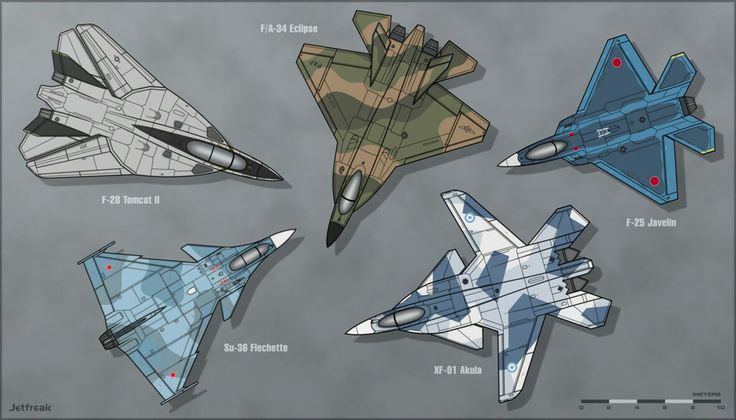 four different fighter jets are shown in this paper cutout pattern, and each one has its own name on it