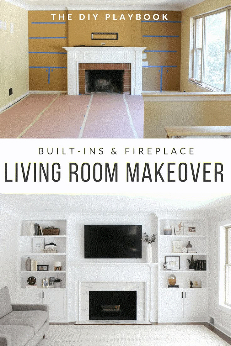 living room makeover before and after with fireplace, built - in bookcases