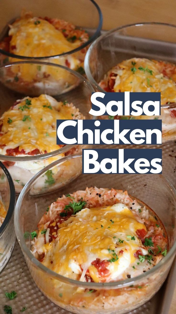 salsa chicken bakes in glass dishes on a tray with the title above it that reads salsa chicken bakes