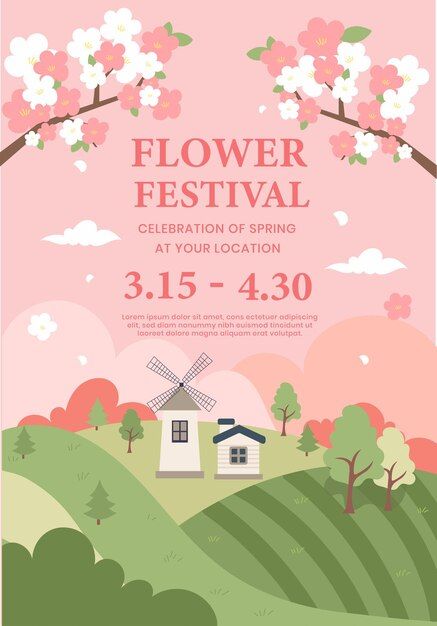 the flower festival poster is shown in pink, green and white colors with an image of a