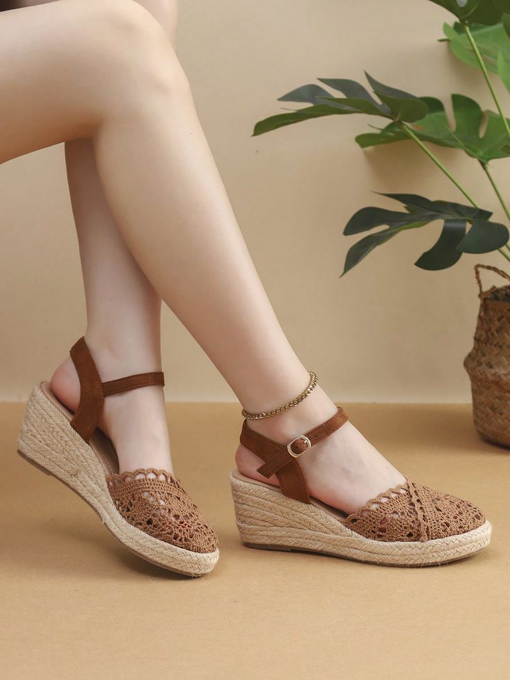 Women's High Heel Wedge Sandals With Thick Bottom, Lace-Up Straps, Silk Ribbon, Woven & Hollow Out Design, Fashionable Fisherman Slippers Coffee Brown Vacation    Plain    Women Shoes, size features are:Bust: ,Length: ,Sleeve Length: Closed Toe Wedges, Peep Toe Wedge Sandals, High Heel Wedges, Heels & Wedges, Coffee Brown, Platform Wedge Sandals, Silk Ribbon, Women Lace, Platform Wedges