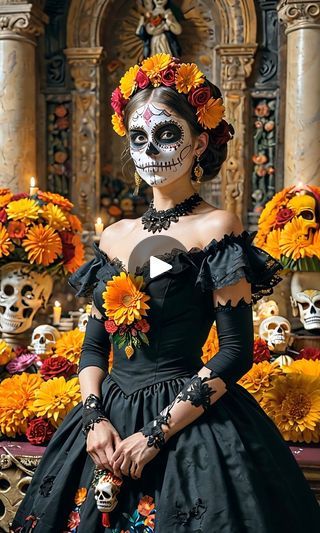 a woman in a black dress with skulls on her face and flowers in her hair