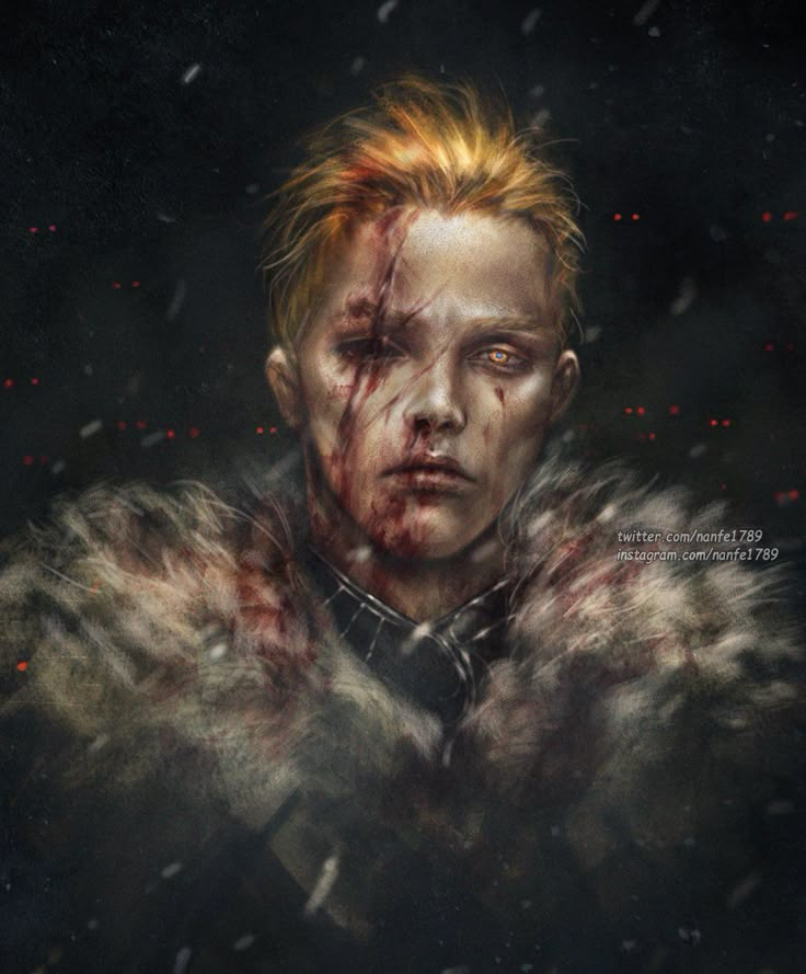 a painting of a man with red hair and blood on his face, in the snow