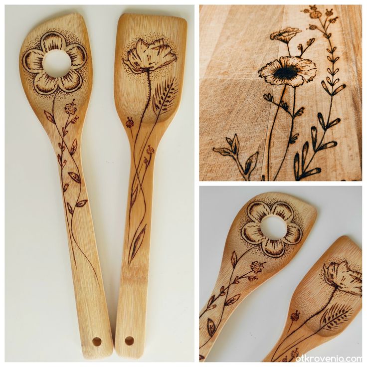 three wooden spoons decorated with flowers and leaves