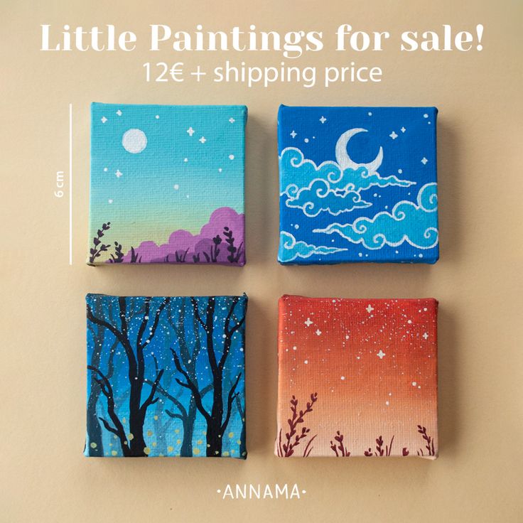 four little paintings for sale are displayed on a wall with the words, little paintings for sale