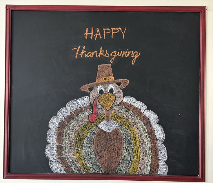 a chalkboard drawing of a turkey wearing a pilgrim hat with the words happy thanksgiving written on it