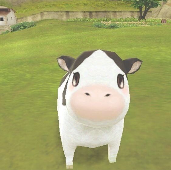 a cow standing in the middle of a green field