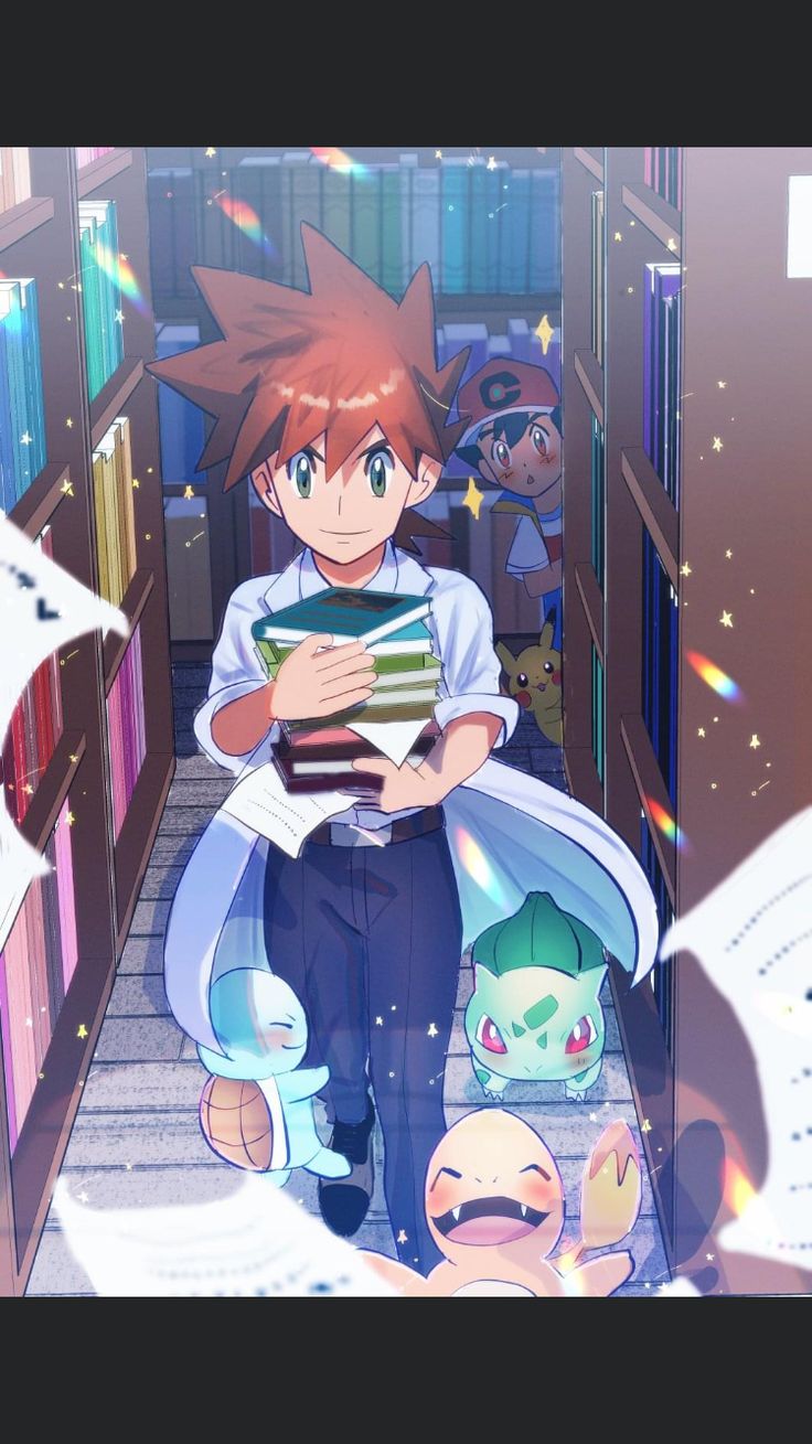 an anime character is walking down the stairs with books in his hands and pokemon characters behind him