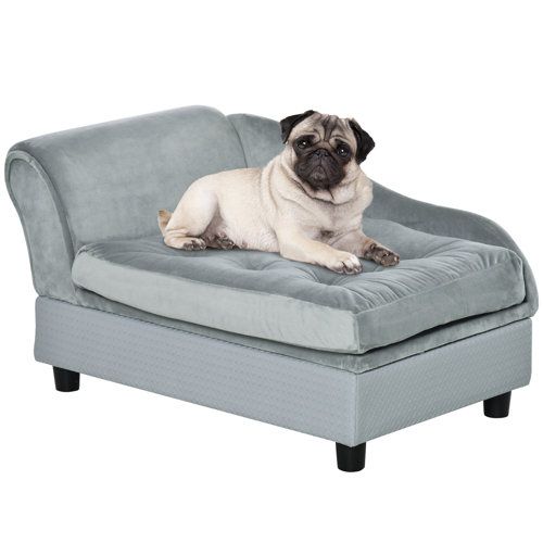 a small pug dog laying on top of a gray couch cushioned to it's side