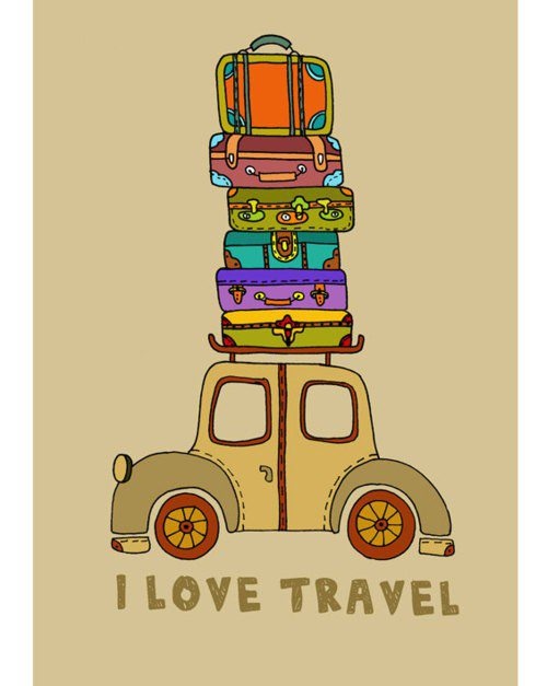 a car with luggage stacked on top of it's roof and the words i love travel