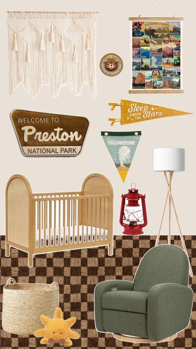 a baby's room with a crib, rocking chair and pictures on the wall