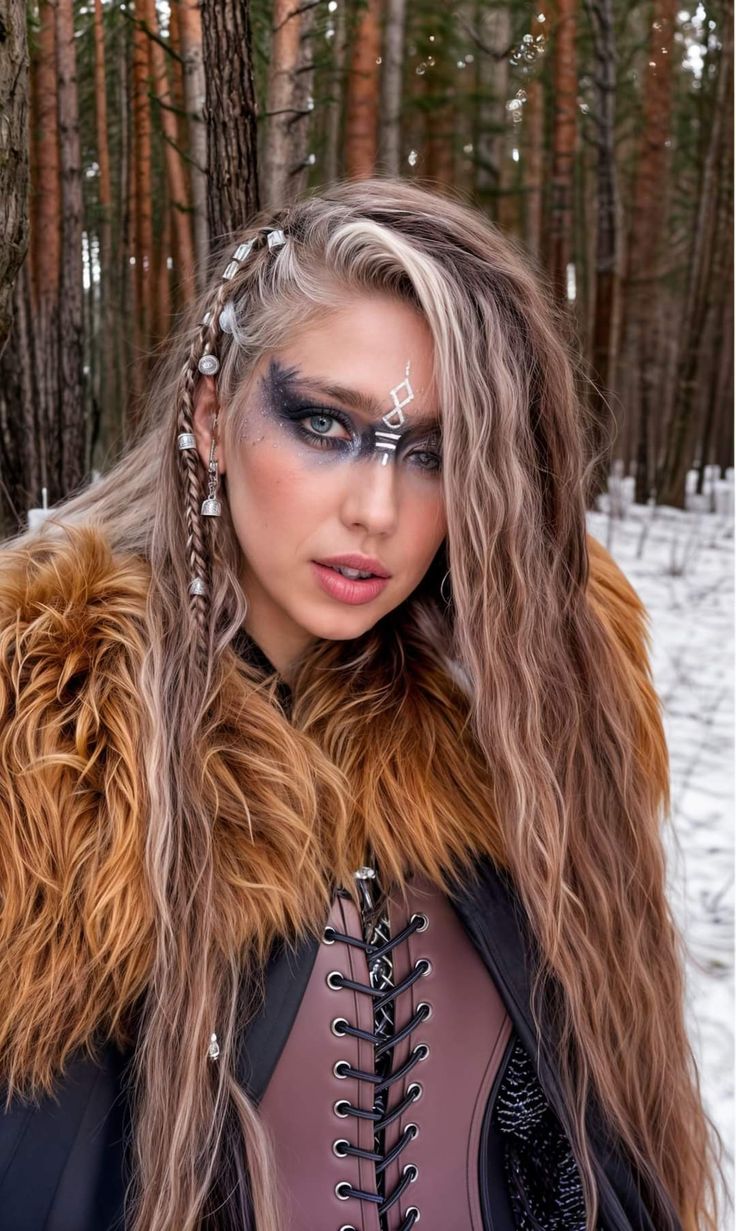 Nordic Costume Female, Viking Woman Makeup Halloween, Viking Cosplay Female Makeup, Viking Princess Makeup, Viking Warrior Woman Outfit, Viking Women Makeup, Lagertha Makeup, Women Viking Makeup, Viking Makeup Female