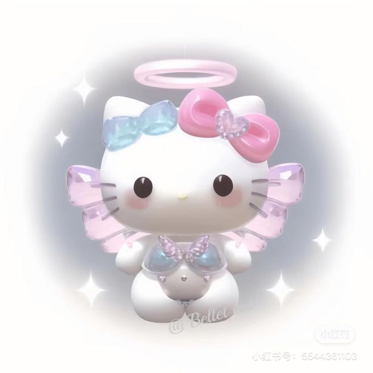 a hello kitty figurine sitting on top of a white surface with stars around it