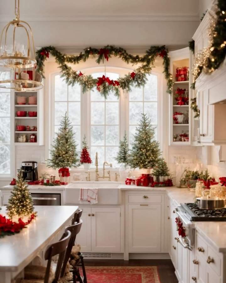 a kitchen decorated for christmas with red and green garland on the windowsills, white cabinets and counter tops