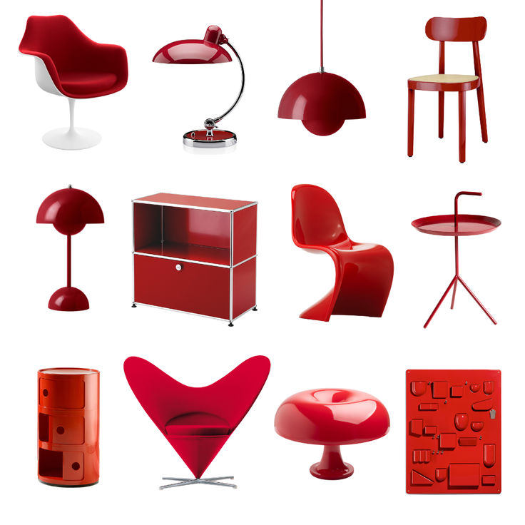 red furniture and accessories are arranged on a white background