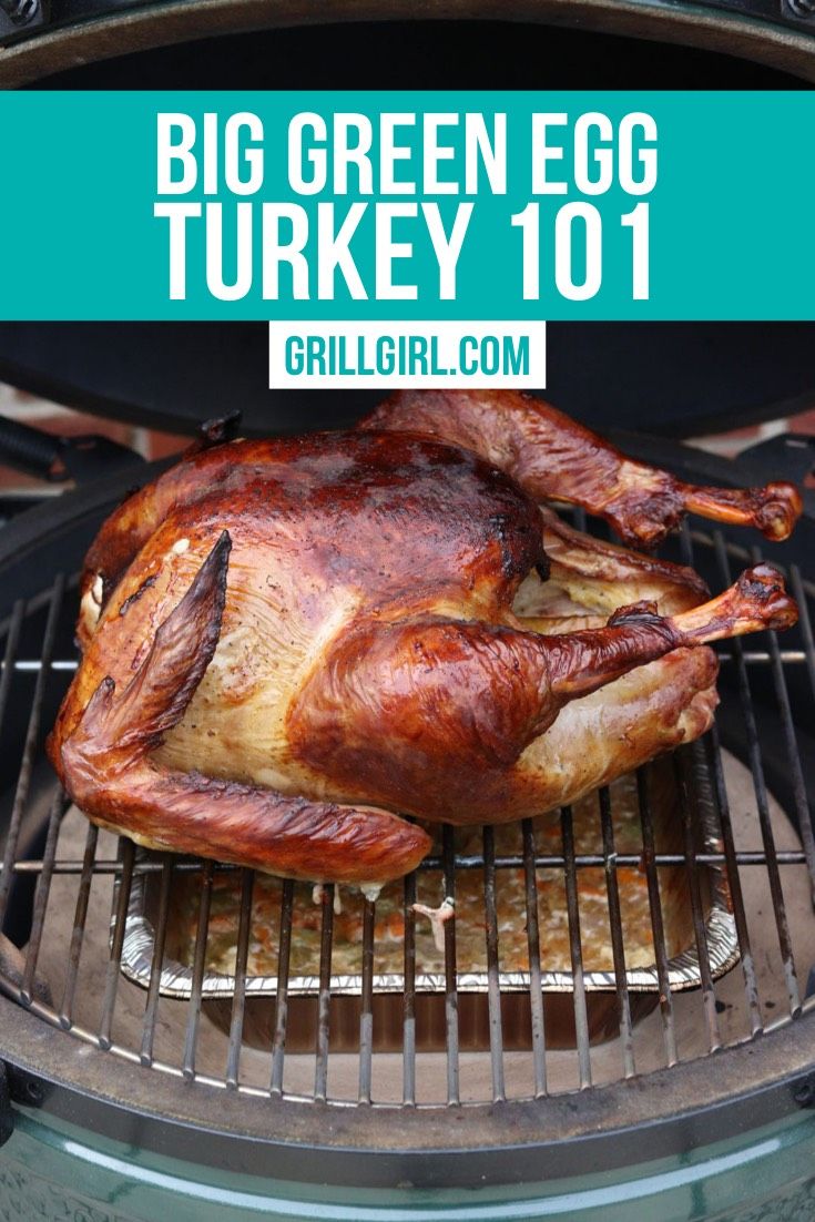 a whole turkey on the grill with text overlay that reads, big green egg turkey 101