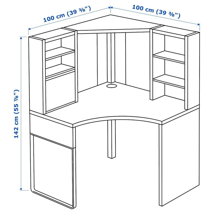 a drawing of a corner desk with shelves