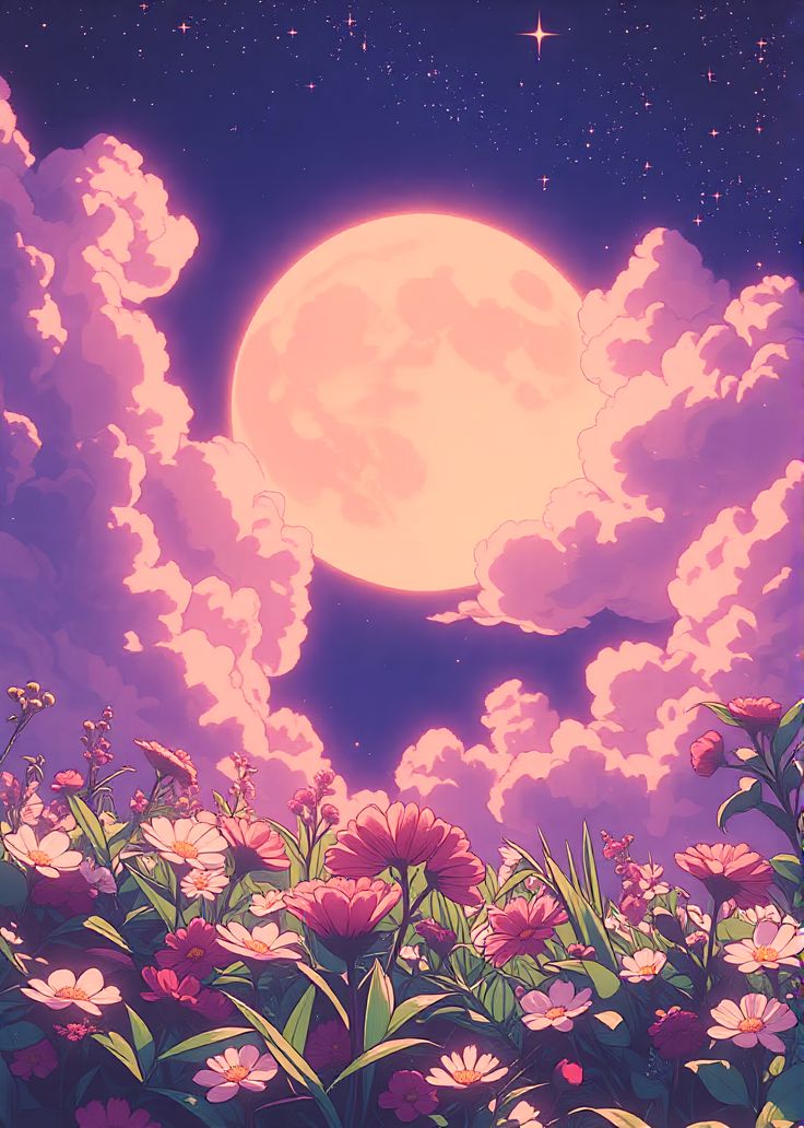 the full moon is shining brightly in the sky above some pink flowers and green leaves