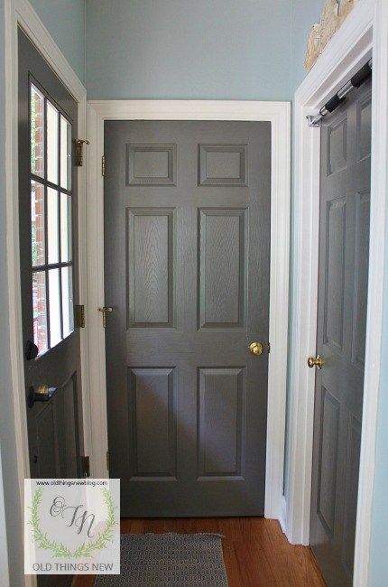 a gray door with two windows and a rug on the floor