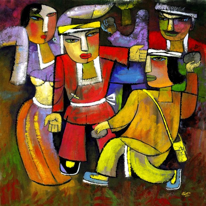 an abstract painting of three people standing next to each other and one person holding something in his hand