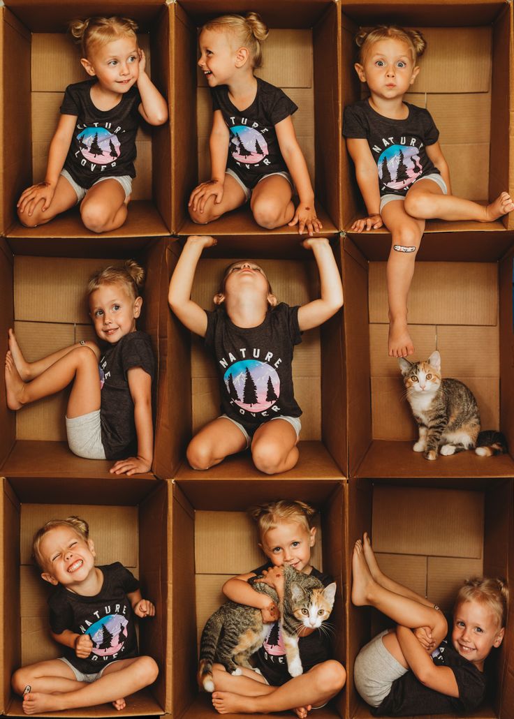 several children are sitting in boxes with cats