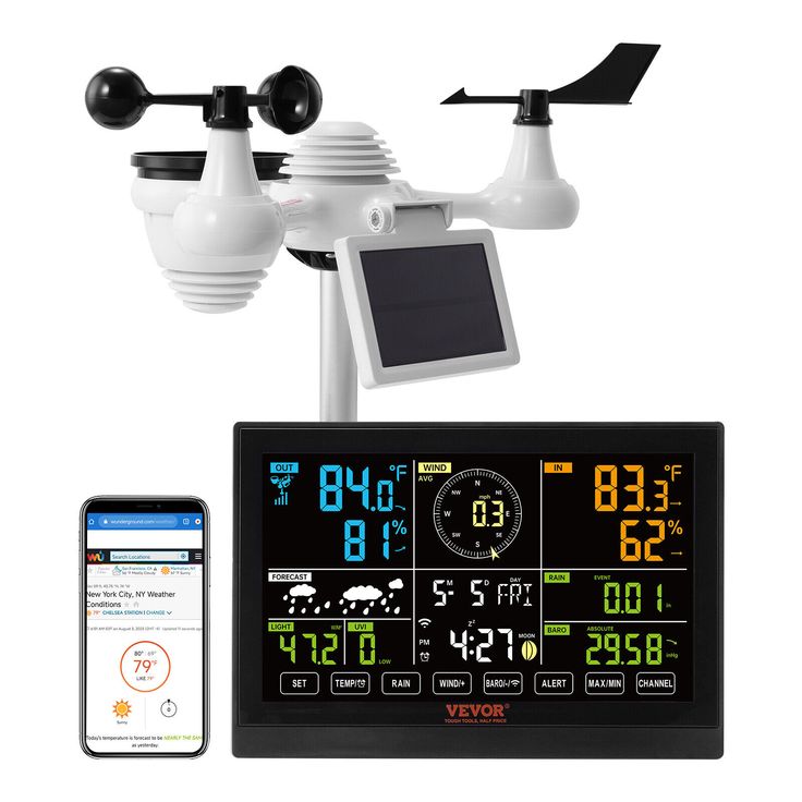 a weather station with an appliance next to it and a cell phone on the other side