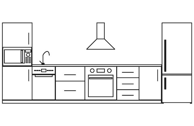 a line drawing of a kitchen with an oven and refrigerator