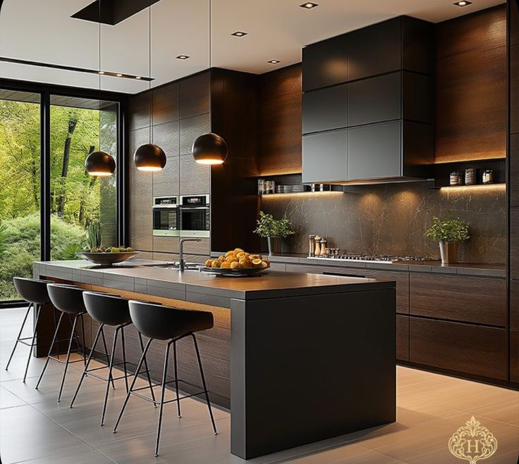 a modern kitchen with an island and bar stools