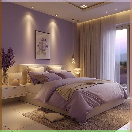 a bed room with a neatly made bed and purple walls