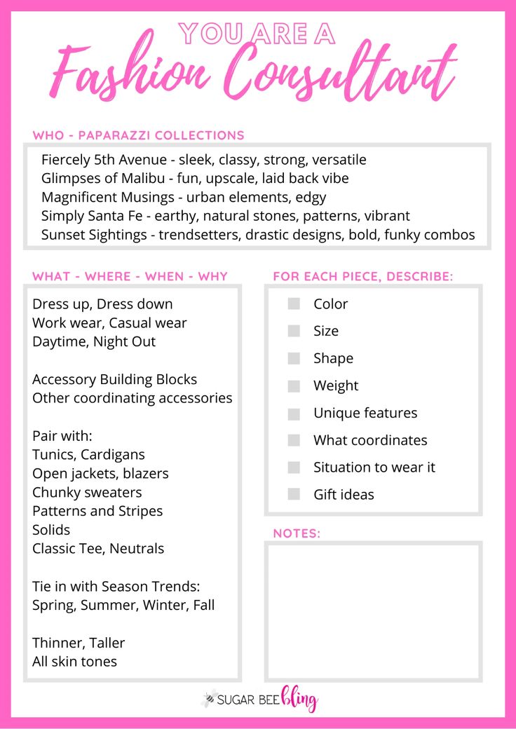 the fashion consulting checklist is shown in pink and white