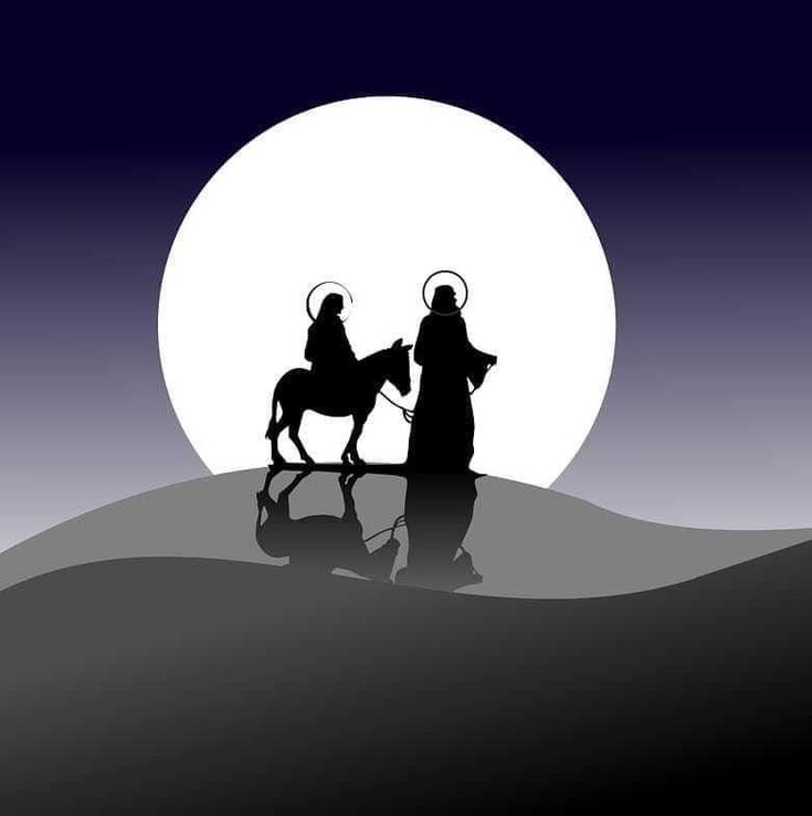 two people riding on the back of a horse in front of a full moon