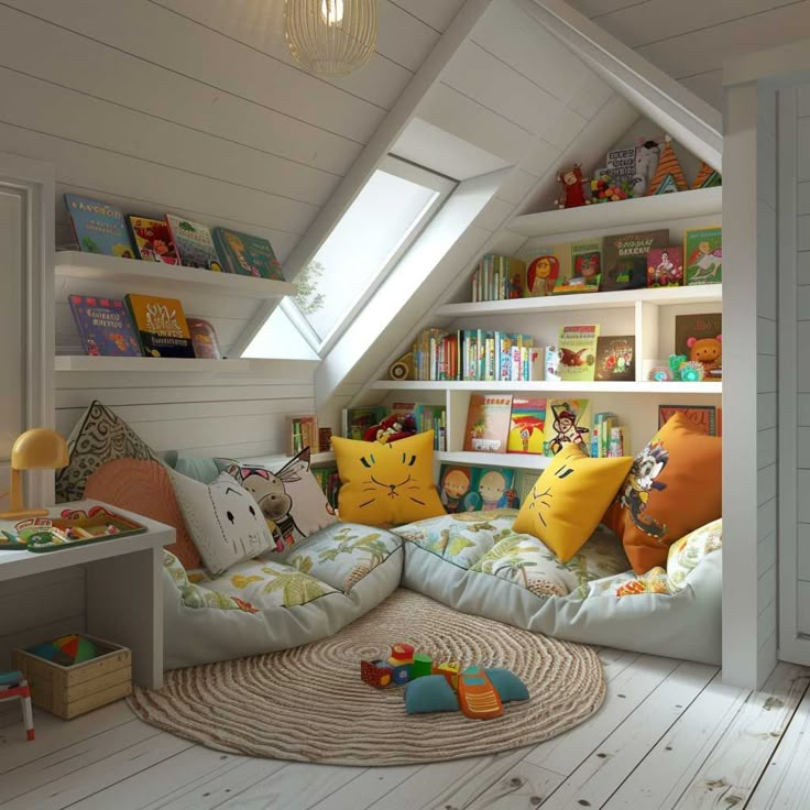 a child's room with lots of books and toys