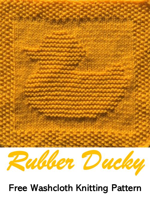 a yellow knitted dishcloth with the words rubber ducky written in white on it