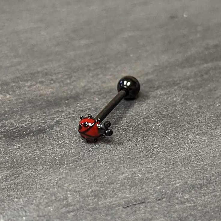 Black Classic Ladybug Top End Barbell Tongue Ring - Surgical Grade Stainless Steel - Body Candy Cross Tongue Piercing, Cool Tongue Rings, Cute Tongue Rings, Tongue Piercing Jewelry, Tongue Piercings, Rwby Oc, Tongue Ring, Face Piercings, The Ladybug