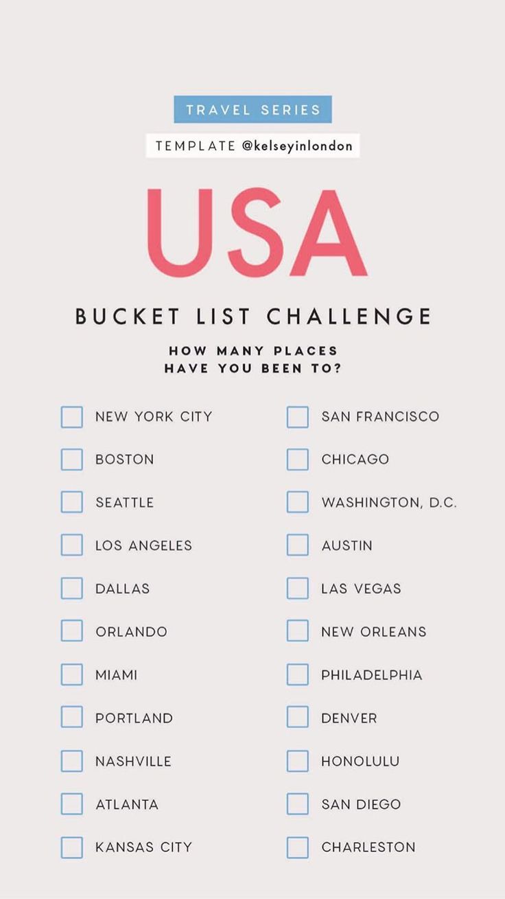 the usa bucket list is shown in pink and blue, with words above it