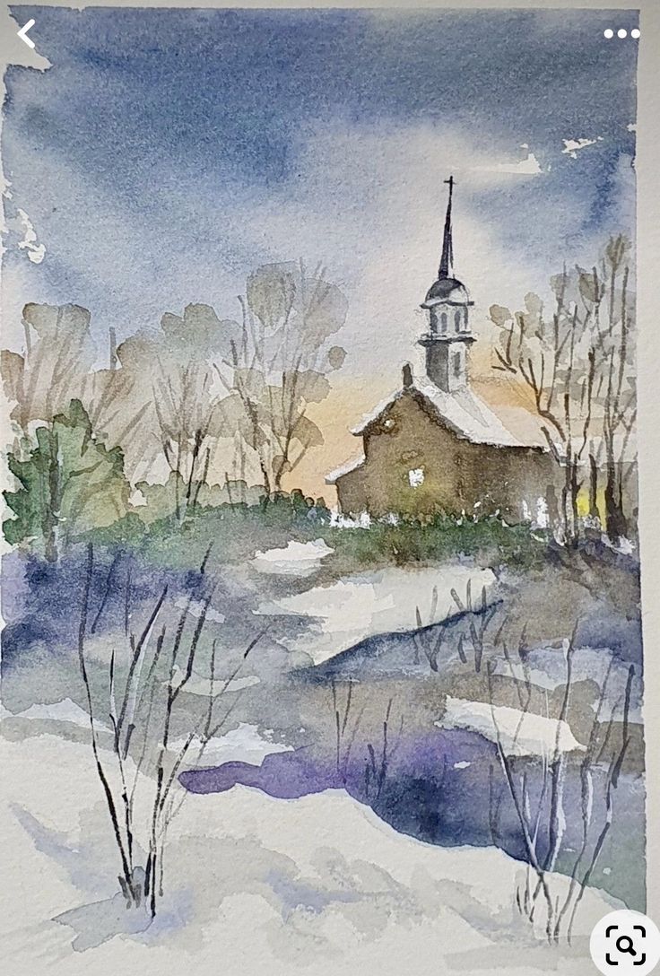 a watercolor painting of a church in the snow