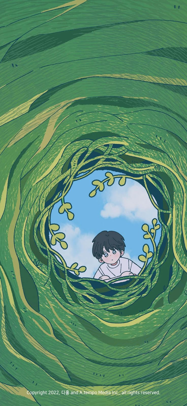 an anime character looking out from the inside of a green tunnel with yellow flowers on it