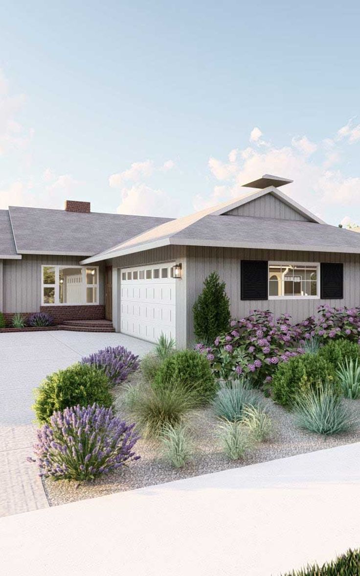 this is an artist's rendering of the front of a house with landscaping around it