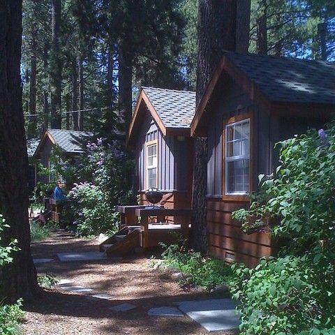 there is a small cabin in the woods with trees around it and people walking by