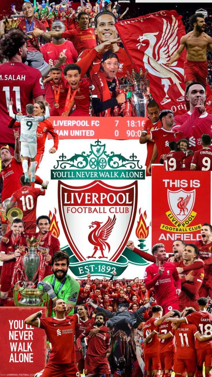 liverpool football club collage with fans and banners