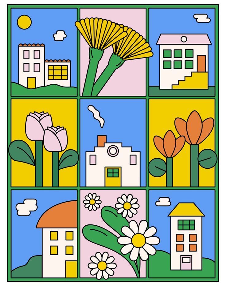 four squares with flowers and houses in them