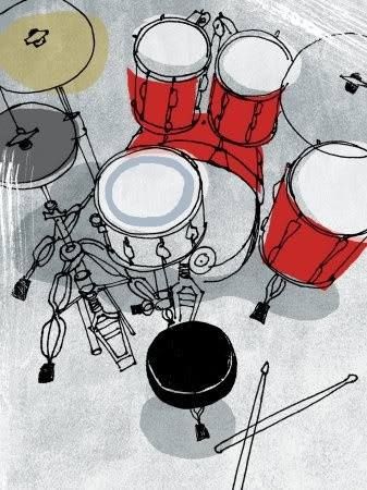 an image of a drum set on the ground with sticks and drumsticks around it