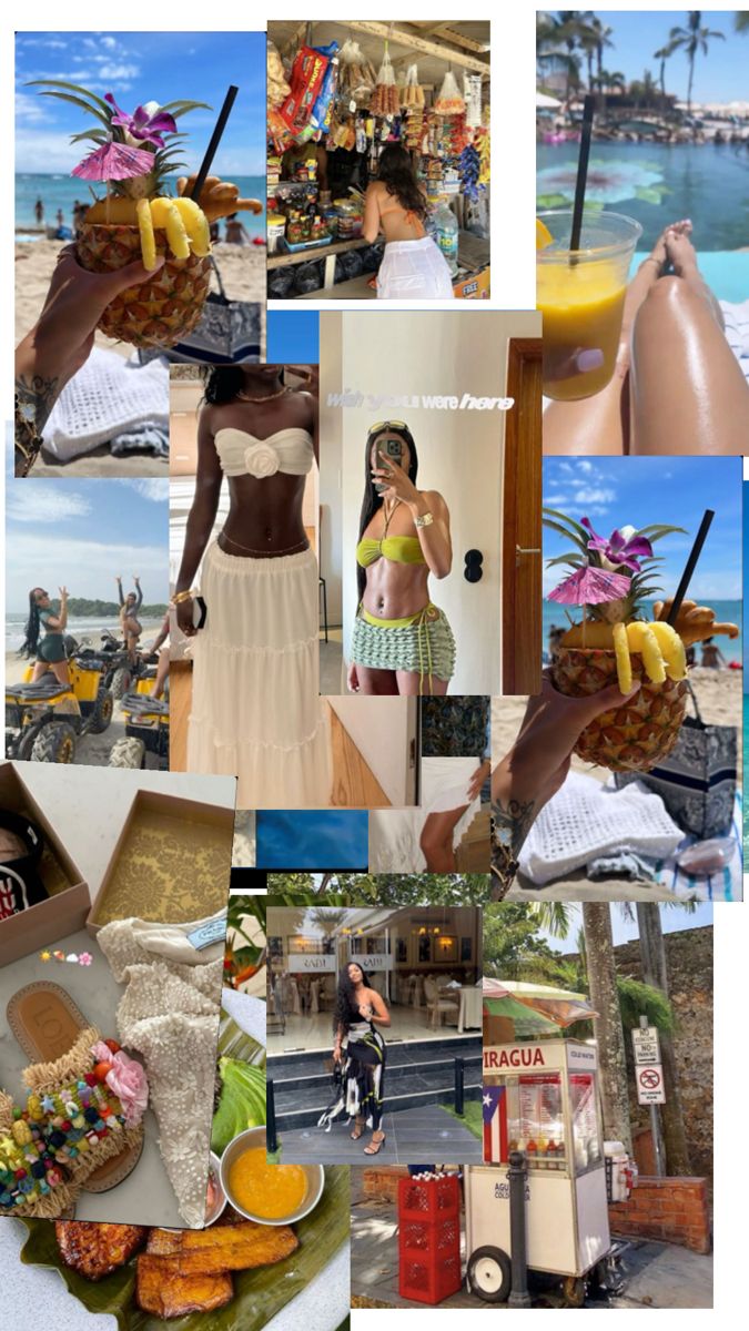 a collage of photos with food, drinks and people on the beach in front of them