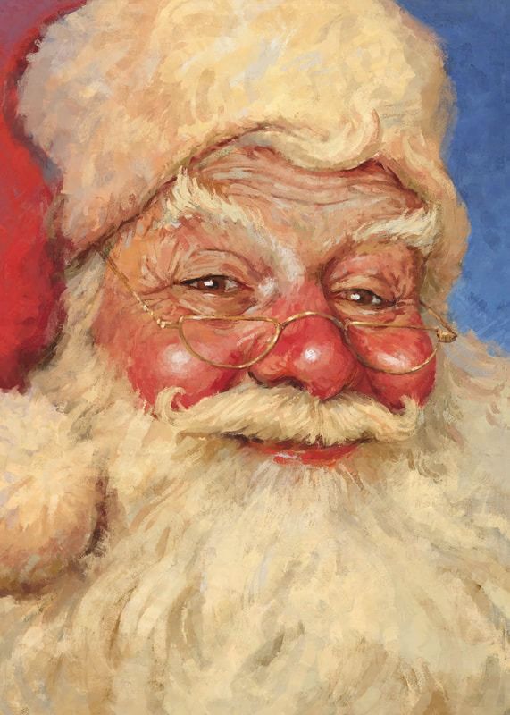 a painting of a santa claus with glasses and a red nose ring on his cheek