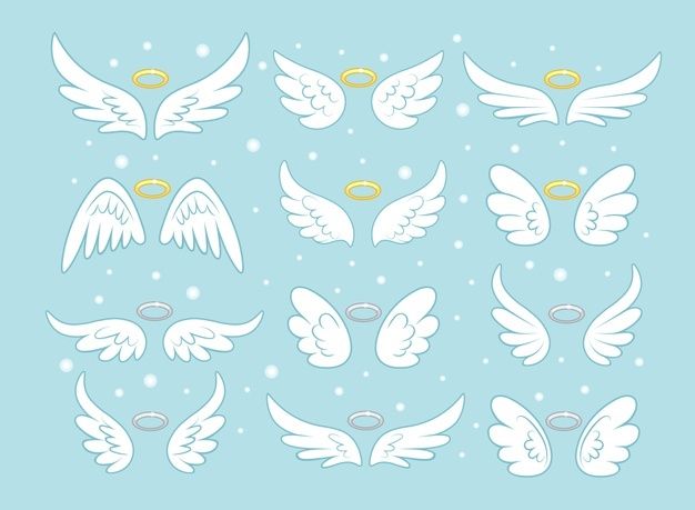 white angel wings and halos on blue background