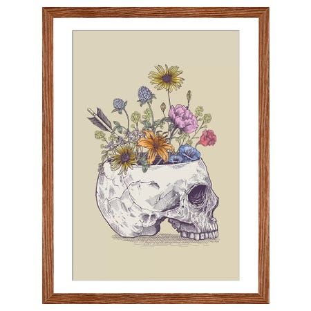 a cross stitch skull with flowers in it's head on a beige background, and measurements