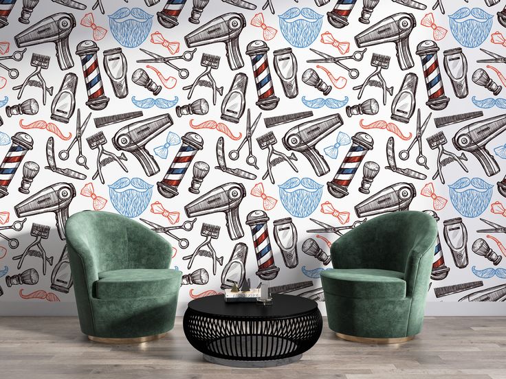 two green chairs sitting next to each other in front of a wall with barber products on it