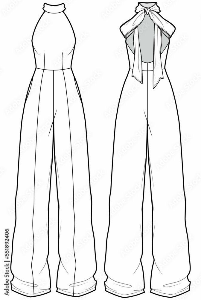 the front and back view of a women's jumpsuit with high waist, wide legs