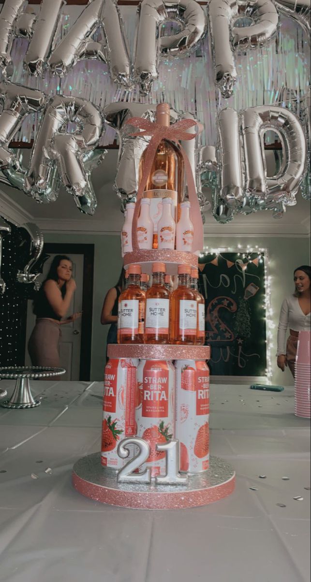 Pink alcohol tower for 21st Birthday 21st Birthday Ideas Suprise, 21st Birthday Ideas For Girls Turning 21 Parties Decoration, Cute 21st Birthday Themes, 21st Birthday Ideas Best Friend, 21st Birthday Ideas For Sister, Good 21st Birthday Themes, 21st Birthday Office Decorations, Best Friends 21st Birthday, 21st Birthday Gifts Ideas For Her