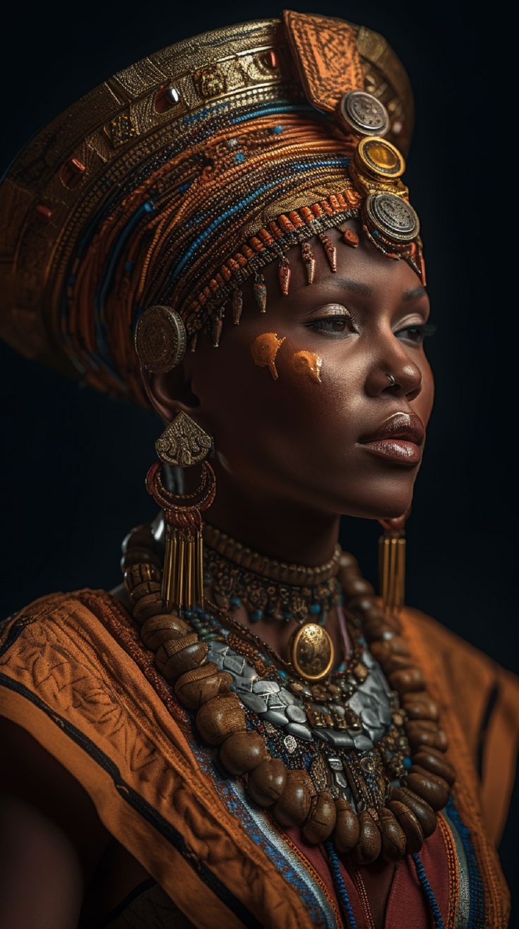 an african woman wearing gold jewelry and headdress